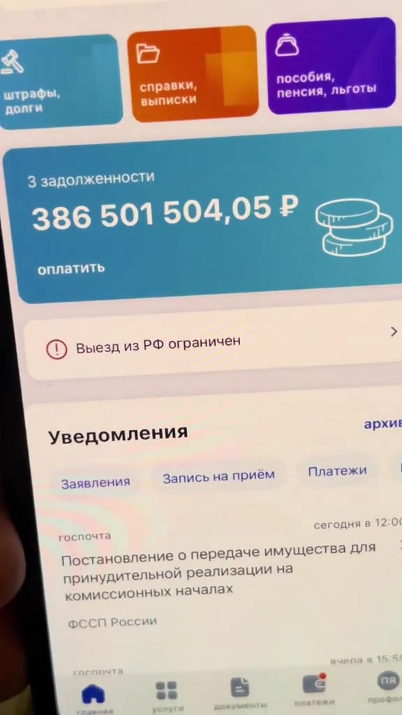 | Уведомления = ©) Выезд из РФ ограничен Постановление о передаче имуществ принудительной реализации на vaAMUCCKUOHHDbIX началах Уведомления арху комиссионных началах