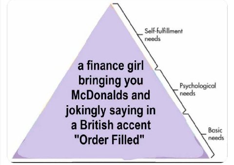 Self-fulfillment a finance girl bringing you needs Psychological McDonalds and jokingly saying in a British accent needs asic "Order Filled"