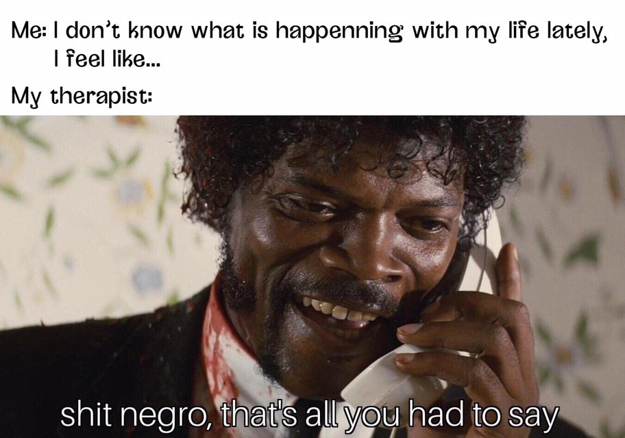 don’t know what is happenning with my life lately, Teel like... My therapist: shit negro, alllyou had to say’