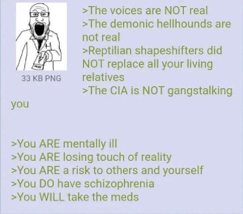 >The voices are МОТ real >The demonic hellhounds are not real >Reptilian shapeshifters did МОТ replace all your living 33 PNG relatives >The CIA is NOT gangstalking you >You ARE mentally ill >You ARE 