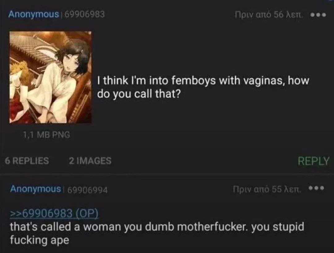 Anonymous 6) eee i think into femboys with vaginas, how A you call that? Anonymous that's called a woman you dumb motherfucker. you stupid fucking ape