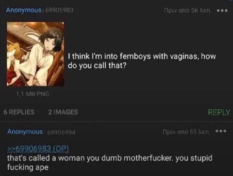 Anonymous 6) eee i think into femboys with vaginas, how A you call that? Anonymous that's called a woman you dumb motherfucker. you stupid fucking ape