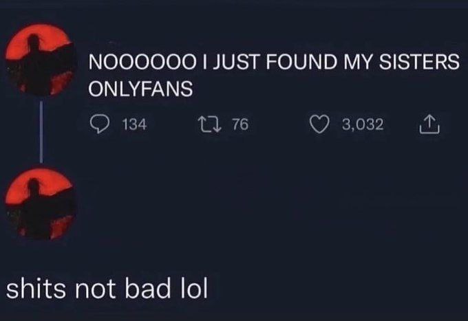 NOOOOOO JUST FOUND MY SISTERS ONLYFANS 134 76 3,032 shits not bad lol