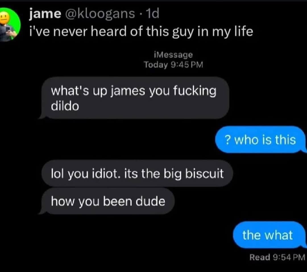 @kloogans i've never heard of this guy in my life iMessage Today what's up james you fucking dildo lol you idiot. its the big biscuit how you been dude what Read