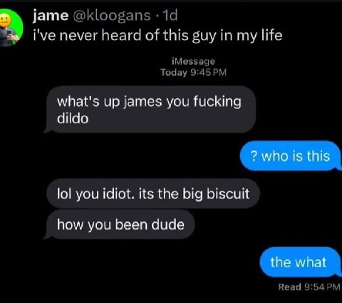 @kloogans i've never heard of this guy in my life iMessage Today what's up james you fucking dildo lol you idiot. its the big biscuit how you been dude what Read