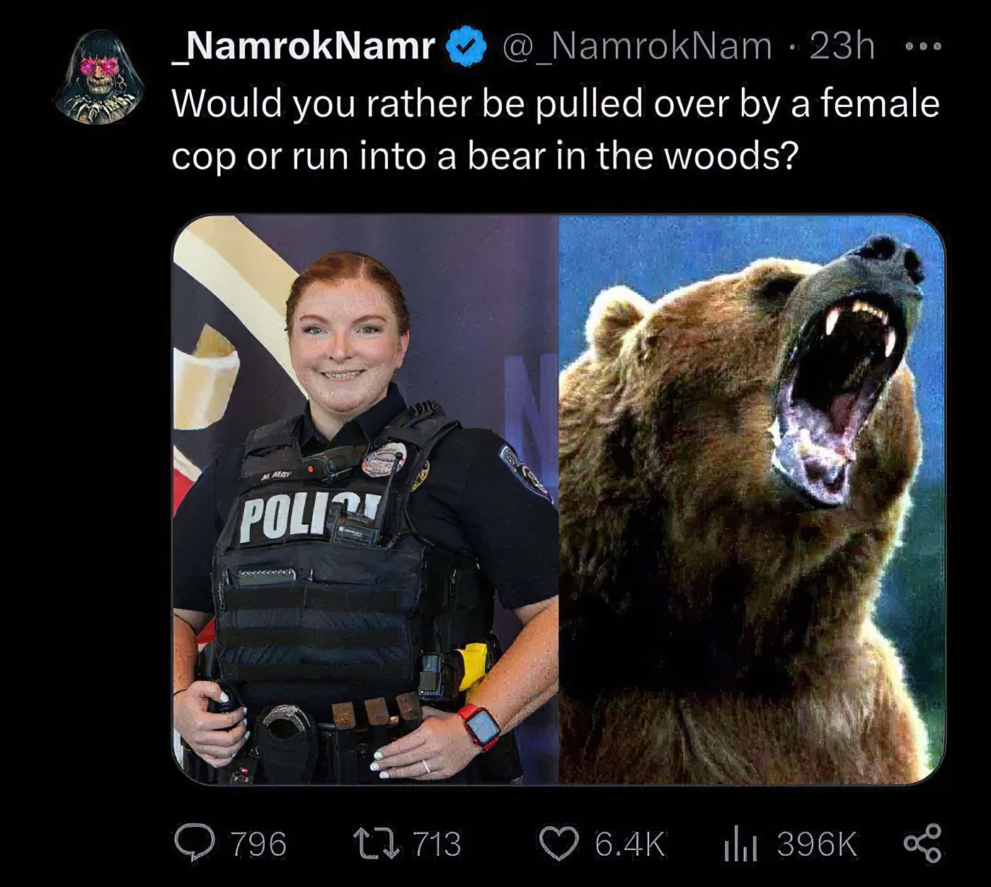 _NamrokNamr Would you rather be pulled over a female cop into a bear the woods?