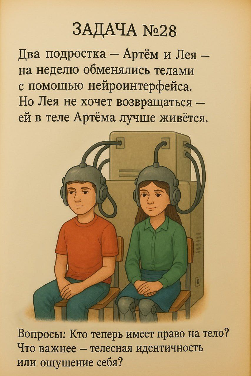 ЗАДАЧА №28 Два подростка Артём и Лея на неделю обменялись телами с помощью нейроинтерфейса. Но Лея не хочет возвращаться в теле Артёма лучше живётся. Вопросы: Кто теперь имеет право на тело? Что важне