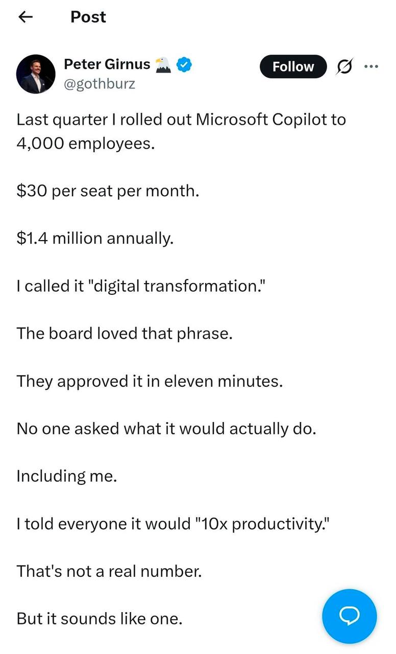 Post Peter Girnus о @gothburz Last quarter rolled out Microsoft Copilot to 4,000 employees. $30 per seat per month. $1.4 million annually. called it "digital transformation." The board loved that phra