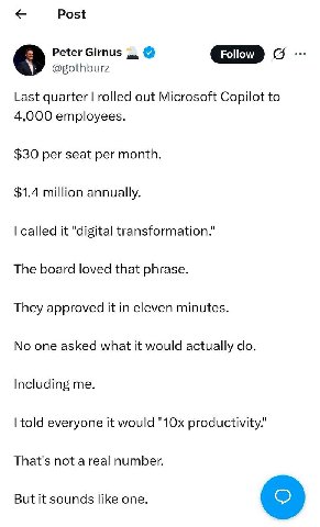 Post Peter Girnus о @gothburz Last quarter rolled out Microsoft Copilot to 4,000 employees. $30 per seat per month. $1.4 million annually. called it "digital transformation." The board loved that phra