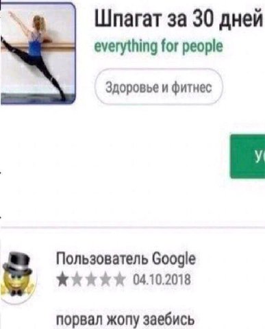 Шпагат за 30 дней everything for people Здоровье и фитнес Пользователь Google 04.10.2018 8 порвал жопу заебись