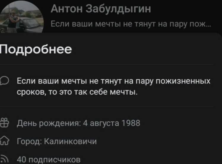 Антон Забулдыгин Если ваши мечты не тянут на пару пож... Подробнее Если ваши мечты не тянут на пару пожизненных сроков, то это так себе мечты. День рождения: 4 августа 1988 Город: Калинковичи 40 подпи
