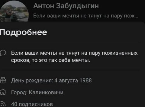 Антон Забулдыгин Если ваши мечты не тянут на пару пож... Подробнее Если ваши мечты не тянут на пару пожизненных сроков, то это так себе мечты. День рождения: 4 августа 1988 Город: Калинковичи 40 подпи