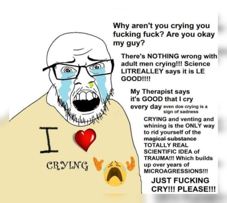 Why aren't you crying you fucking fuck? Are you okay my guy? There's NOTHING wrong with adult men crying!!! Science LITREALLEY says it is My Therapist says it's GOOD that cry еуегу day even doe crying