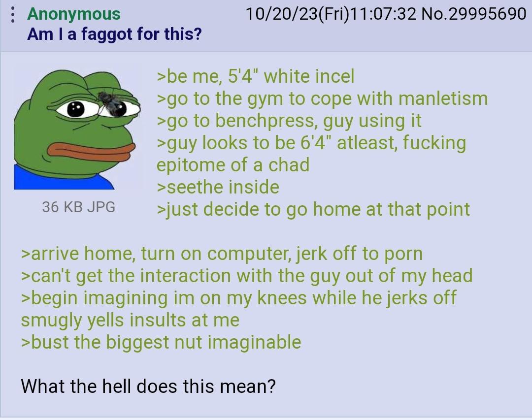 Anonymous 10/20/23(Fri)11:07:32 No.29995690 faggot for this? >be me, white incel to the gym to cope with manletism to benchpress, guy using it >guy looks to be 6'4" atleast, fucking epitome of a chad 