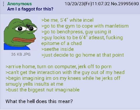 Anonymous 10/20/23(Fri)11:07:32 No.29995690 faggot for this? >be me, white incel to the gym to cope with manletism to benchpress, guy using it >guy looks to be 6'4" atleast, fucking epitome of a chad 