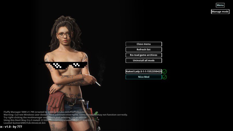 7 Bae, Nico Mod В 7 7 Manager 5000 (created Warning: Current Windows user adminstrative ‘May not function correctly. Try right-clicking the modmanager В Using this Devil May Cry 5 install: Loaded 777 