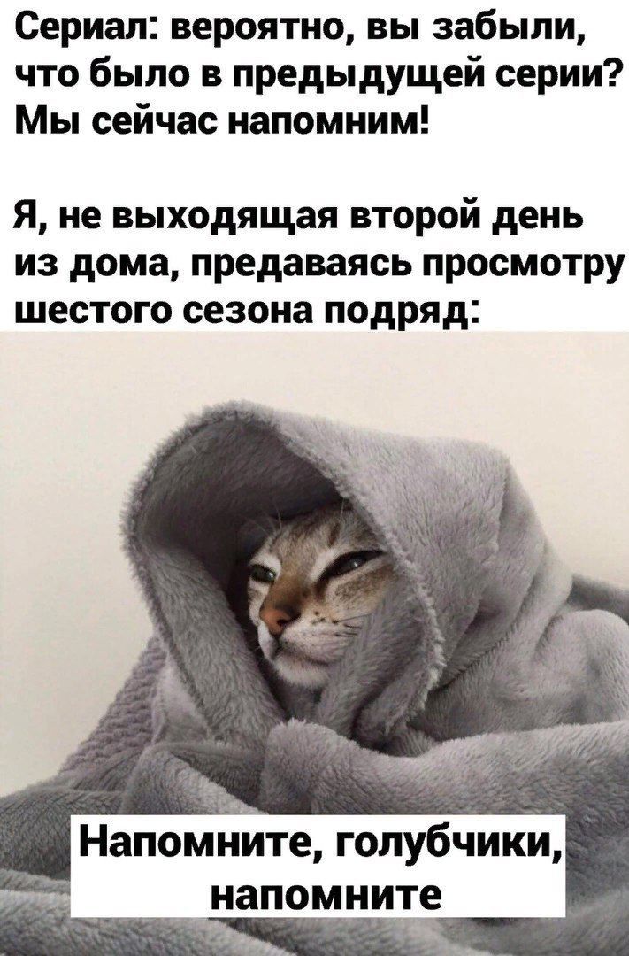Сериал: вероятно, вы забыли, что было в предыдущей серии? Мы сейчас напомним! Я, не выходящая второй день из дома, предаваясь просмотру шестого сезона подряд: Напом ните, голубчики, напомните