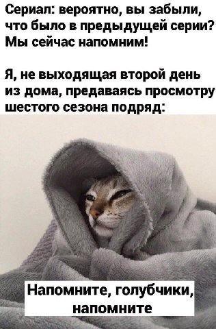 Сериал: вероятно, вы забыли, что было в предыдущей серии? Мы сейчас напомним! Я, не выходящая второй день из дома, предаваясь просмотру шестого сезона подряд: Напом ните, голубчики, напомните