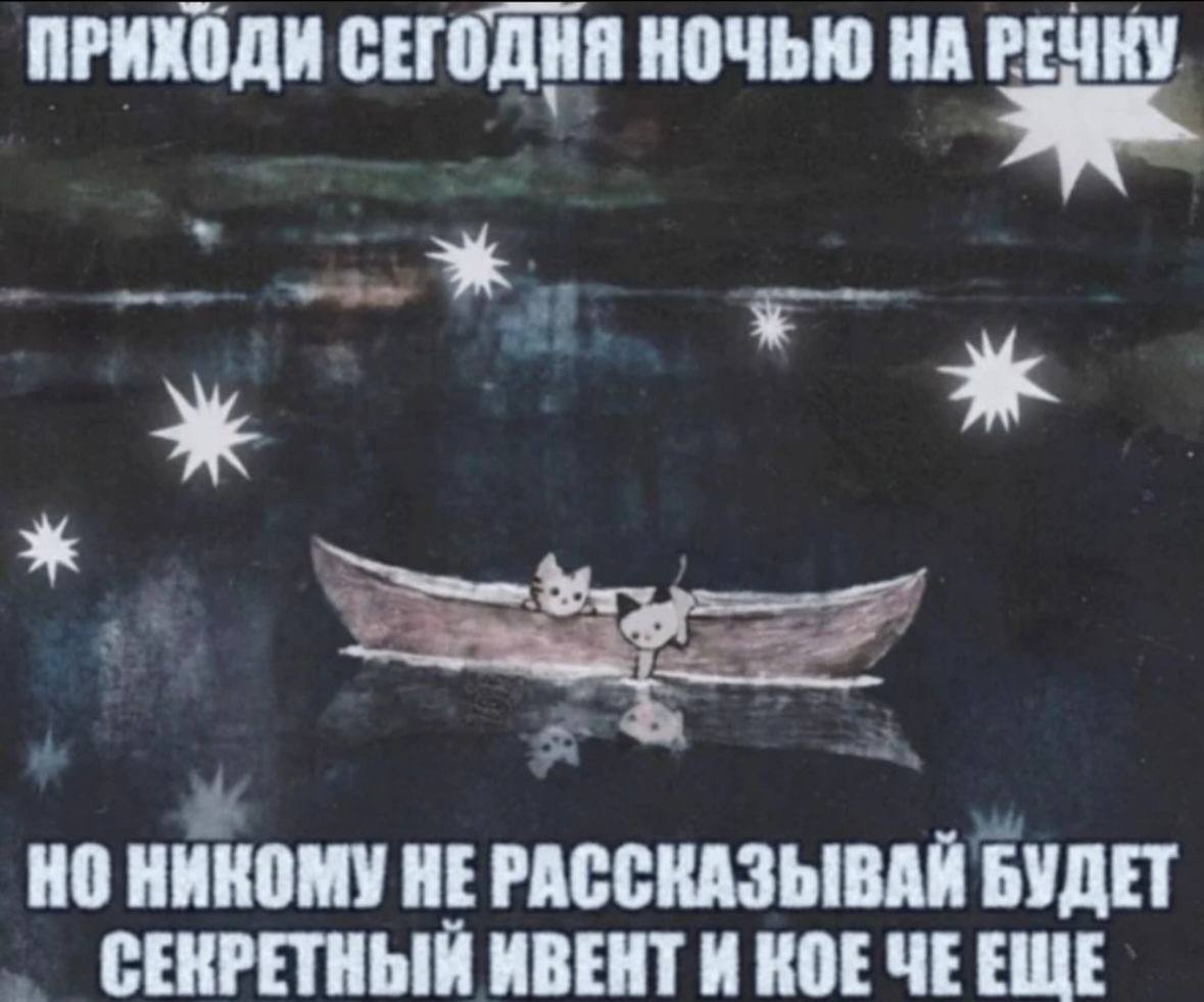 ПРИХОДИ СЕГОДНЯ НОЧЬЮ НА РЕЧКУ НО НИКОМУ НЕ РАССКАЗЫВАЙ БУДЕТ СЕКРЕТНЫЙ ИВЕНТ И КОЕЧЕЕЩЕ