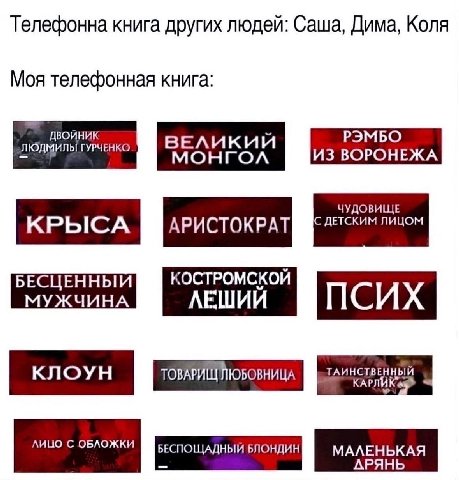 Телефонна книга других людей: Саша, Дима, Коля Моя телефонная книга: ДВОЙНИК РЭМБО ВЕЛИКИЙ ЧУДОВИЩЕ КРЫСА В АРИСТОКРАТ лицом БЕСЦЕННЫЙ КОСТРОМСКОЙ МУЖЧИНА ЛЕШИИ ПСИХ клоун АРЯНЬ