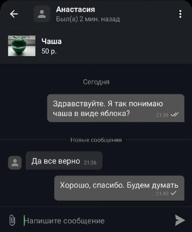 Анастасия Чаша Здравствуйте. Я так понимаю чаша в виде яблока? Да все верно Хорошо, спасибо. Будем думать
