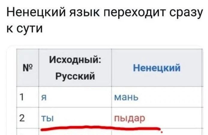 Ненецкий язык переходит сразу к сути Исходный: Ненецкий Русский 1 я мань 2 ты пыдар