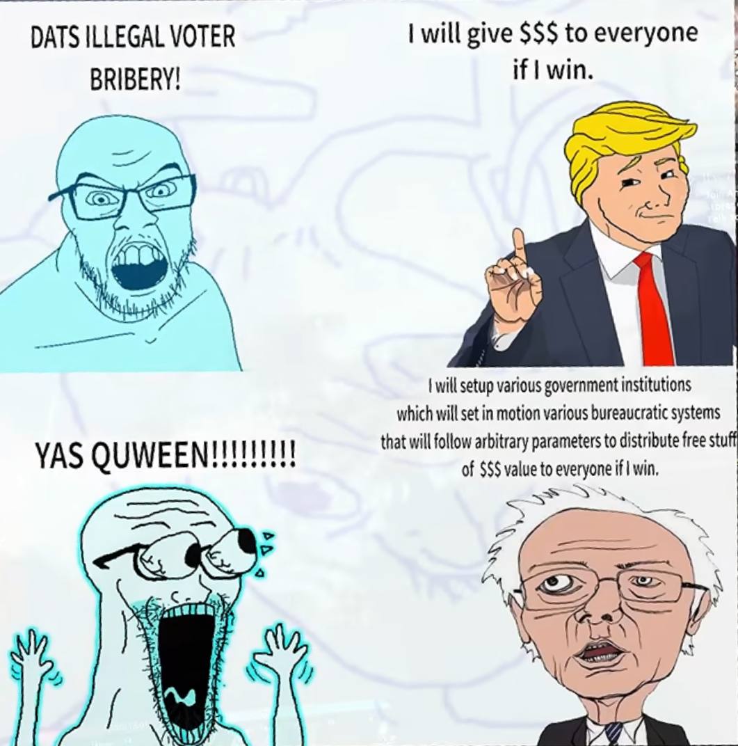DATS ILLEGAL VOTER will give to everyone BRIBERY! if win. will setup various government institutions which will set in motion various bureaucratic systems that will follow arbitrary parameters to dist