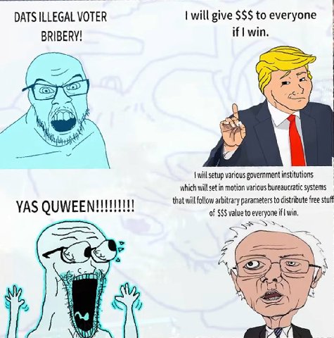 DATS ILLEGAL VOTER will give to everyone BRIBERY! if win. will setup various government institutions which will set in motion various bureaucratic systems that will follow arbitrary parameters to dist