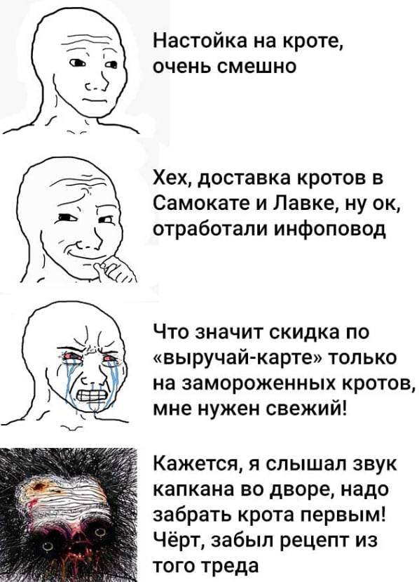 Настойка на кроте, очень смешно Хех, доставка кротов в Самокате и Лавке, ну отработали инфоповод Что значит скидка по «выручай-карте» только на замороженных кротов, мне нужен свежий! 27 Кажется, я слы