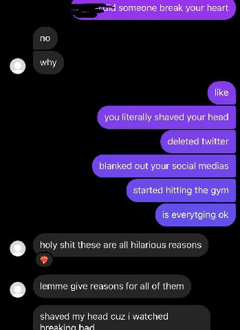 uid someone break your heart no о like you literally shaved your head deleted twitter blanked out your social medias started hitting the gym is everytging holy shit these are all hilarious reasons lem