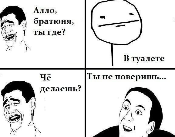 Алло, братюня, ты где? В туалете Ты He поверишь... or делаешь? и)