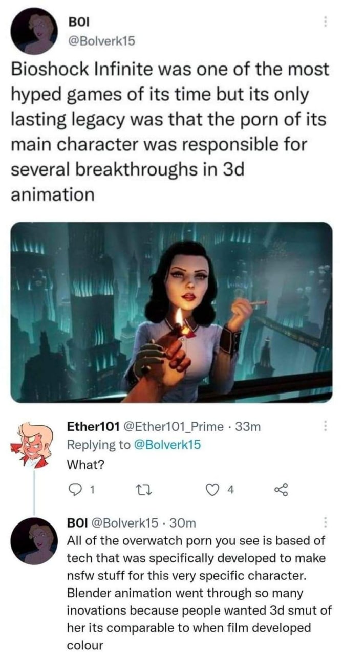 Во! @Bolverk15 Bioshock Infinite was one of the most hyped games of its time but its only lasting legacy was that the porn of its main character was responsible for several breakthroughs in animation 