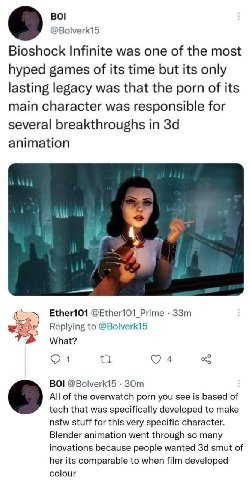 Во! @Bolverk15 Bioshock Infinite was one of the most hyped games of its time but its only lasting legacy was that the porn of its main character was responsible for several breakthroughs in animation 