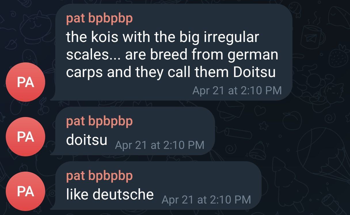 pat bpbpbp the kois with the big irregular scales... are breed from german carps and they call them Doitsu Apr 21 at 2:10 pat bpbpbp doitsu дрг21 at 2:10 pat bpbpbp like deutsche at 2-10