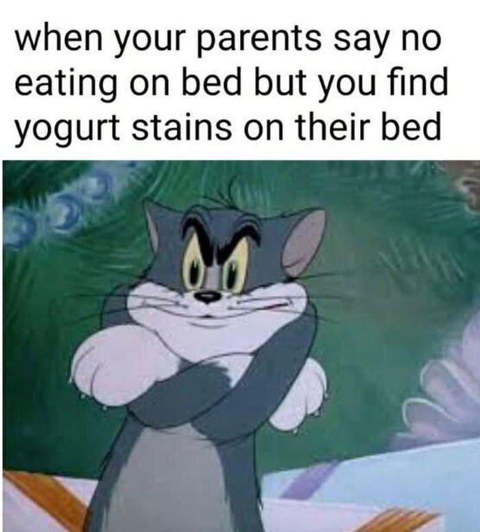 when your parents say по eating on bed but you find yogurt stains on their bed К
