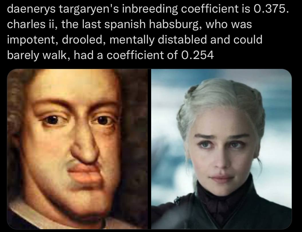 daenerys targaryen's inbreeding coefficient is 0.375. charles the last soanish habsburg, who was impotent, drooled, mentally distabled and could barely walk, had a coefficient of 0.254