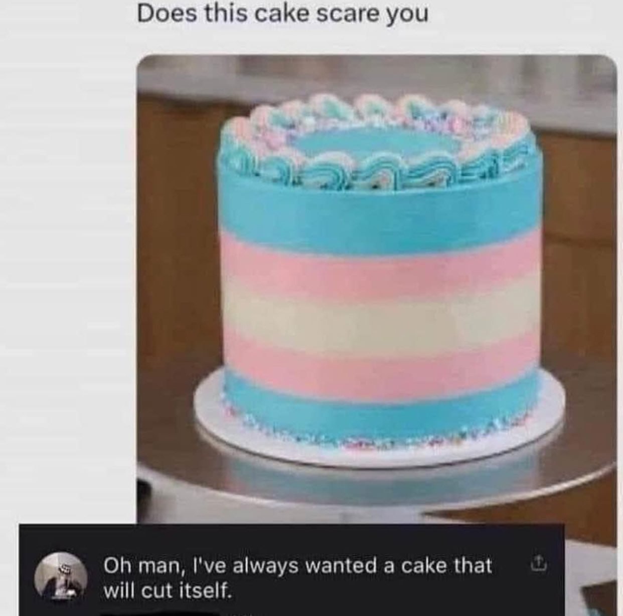 Does this cake scare you man, I've always wanted a cake that will cut itself.
