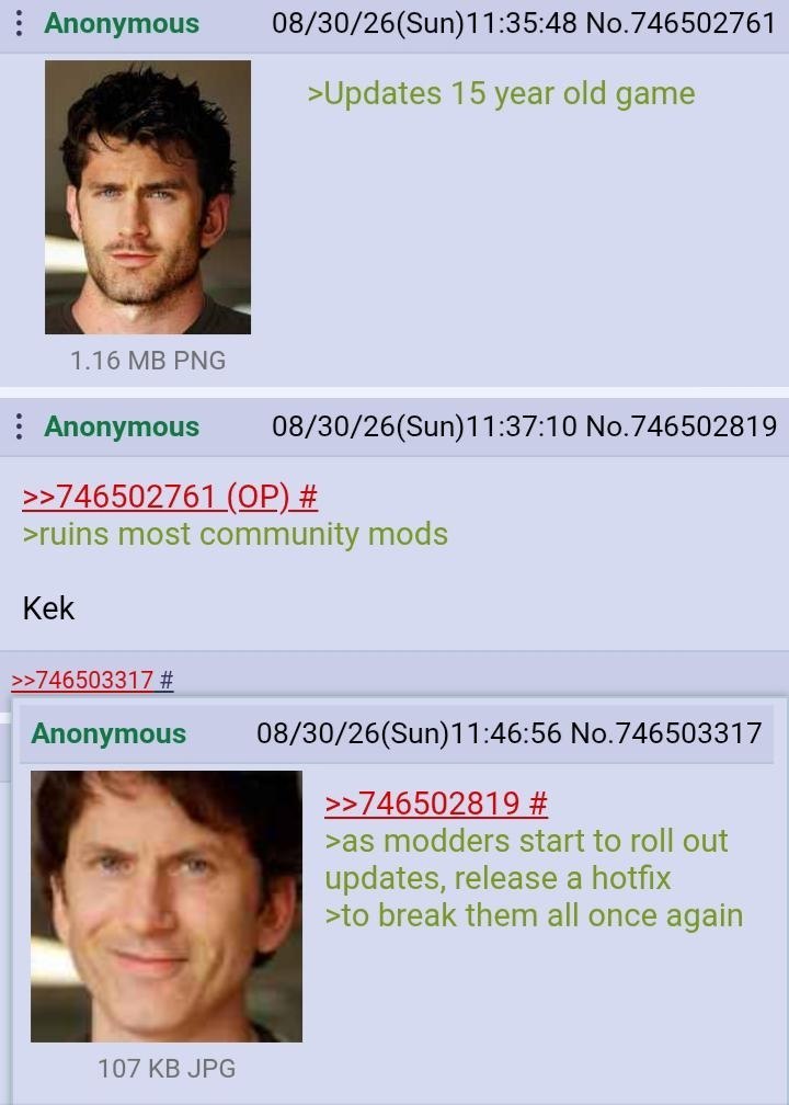 Anonymous 08/30/26(Sun)11:35:48 No.746502761 >Updates 15 year old game 1.16 PNG Anonymous 08/30/26(Sun)11:37:10 No.746502819 >>746502761 >ruins most community mods Kek >>746503317 Anonymous >>74650281