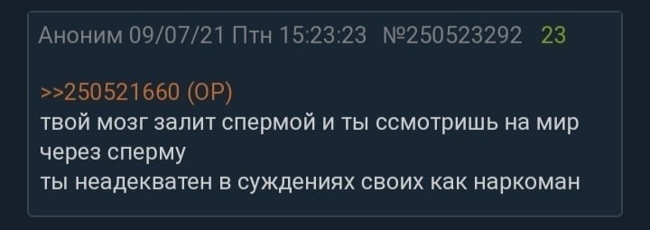Аноним 09/07/21 Птн 15:23:23 №250523292 23 >>250521660 твой мозг залит спермой и ты ссмотришь на мир через сперму ты неадекватен в суждениях своих как наркоман