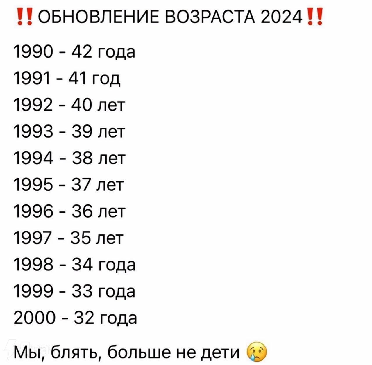 |1 ОБНОВЛЕНИЕ ВОЗРАСТА 202411 1990 42 года 1991 41 год 1992 40 лет 1993 39 лет 1994 38 лет 1995 37 лет 1996 36 лет 1997 35 лет 1998 34 года 1999 33 года 2000 32 года Мы, блять, больше не дети