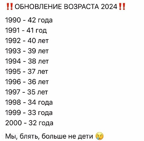 |1 ОБНОВЛЕНИЕ ВОЗРАСТА 202411 1990 42 года 1991 41 год 1992 40 лет 1993 39 лет 1994 38 лет 1995 37 лет 1996 36 лет 1997 35 лет 1998 34 года 1999 33 года 2000 32 года Мы, блять, больше не дети