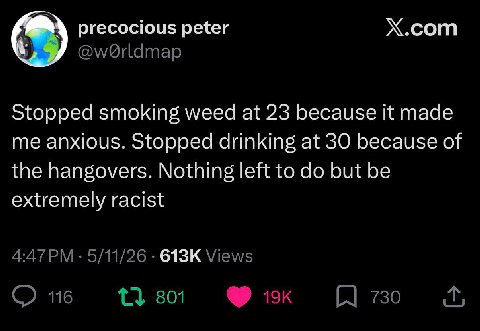 precocious peter Х.сот у, Stopped smoking weed at 23 because it made me anxious. Stopped drinking at 30 because of the hangovers. Nothing left to but be extremely racist