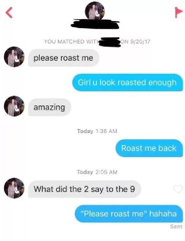 YOU MATCHED 9/20/17 please roast me Girl look roasted enough amazing Today 1:36 Roast me back Today 2:05 What did the 2 say to the 9 "Please roast me" hahaha Sent