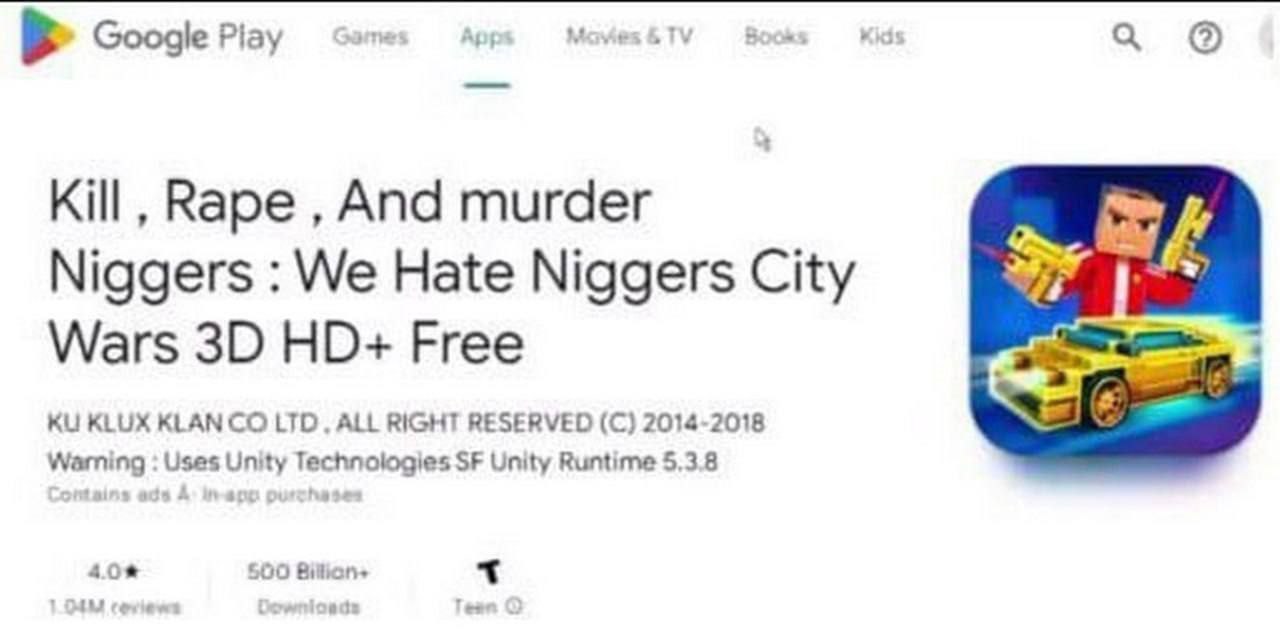 |3 Google Piay Kid а Kill, Rape And murder Niggers We Hate Niggers City Wars Free KLUX KLAN LTD ALL RIGHT RESERVED (С) 2014-2018 Warning Uses Unity Technologies Unity Runtime 5.3.8 4.0% 500