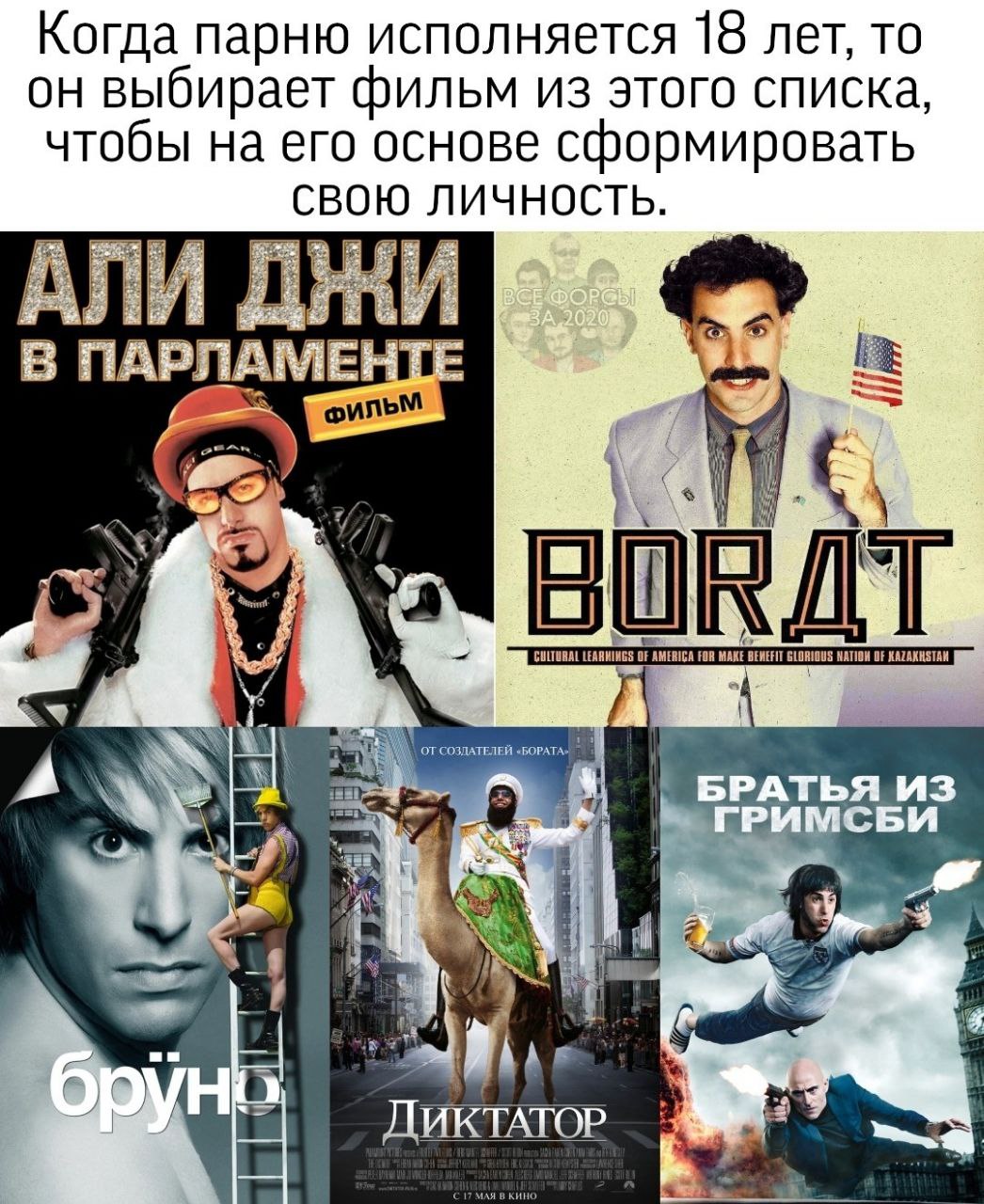 Когда парню исполняется 18 лет, то он выбирает фильм из этого списка, чтобы на его основе сформировать СВОЮ ЛИЧНОСТЬ. АЛИ ПАРЛАМЕНТЕ 4 А Ths из 7 ДИКТАТОР