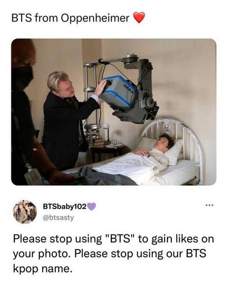 BTS Нот Oppenheimer @btsasty Please stop using "BTS" to gain likes on your photo. Please stop using our BTS kpop name.