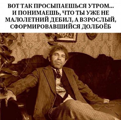 ВОТ ТАК ПРОСЫПАЕШЬСЯ УТРОМ... И ПОНИМАЕШЬ, ЧТО ТЫ УЖЕ НЕ МАЛОЛЕТНИЙ ДЕБИЛ, А ВЗРОСЛЫЙ, СФОРМИРОВАВШИЙСЯ ДОЛБОЁБ и