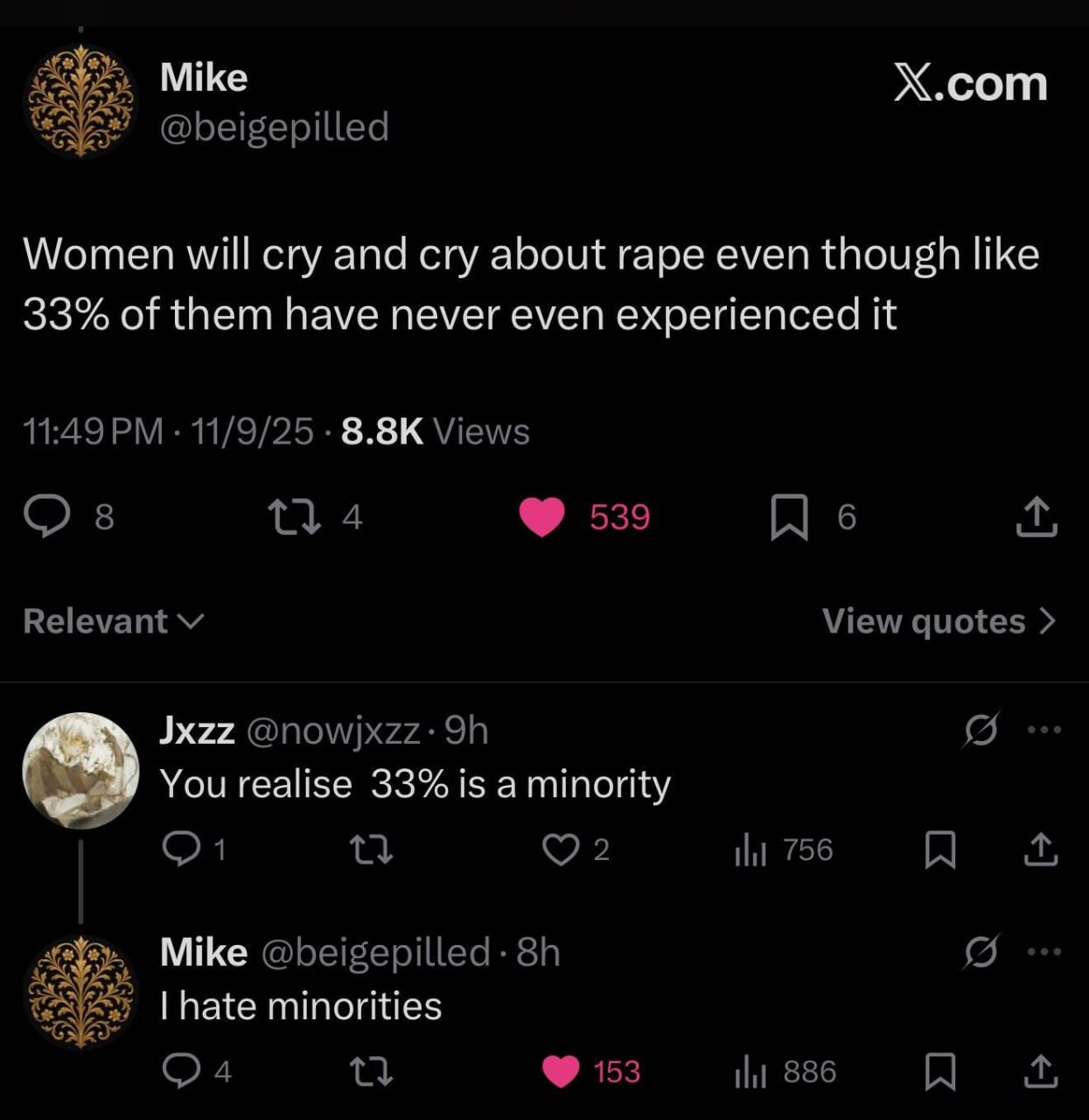 Mike Х.сот Women will cry and cry about rape even though like 33% of them have never even experienced it Jxzz 7 You realise 33% is a minority Mike hate minorities