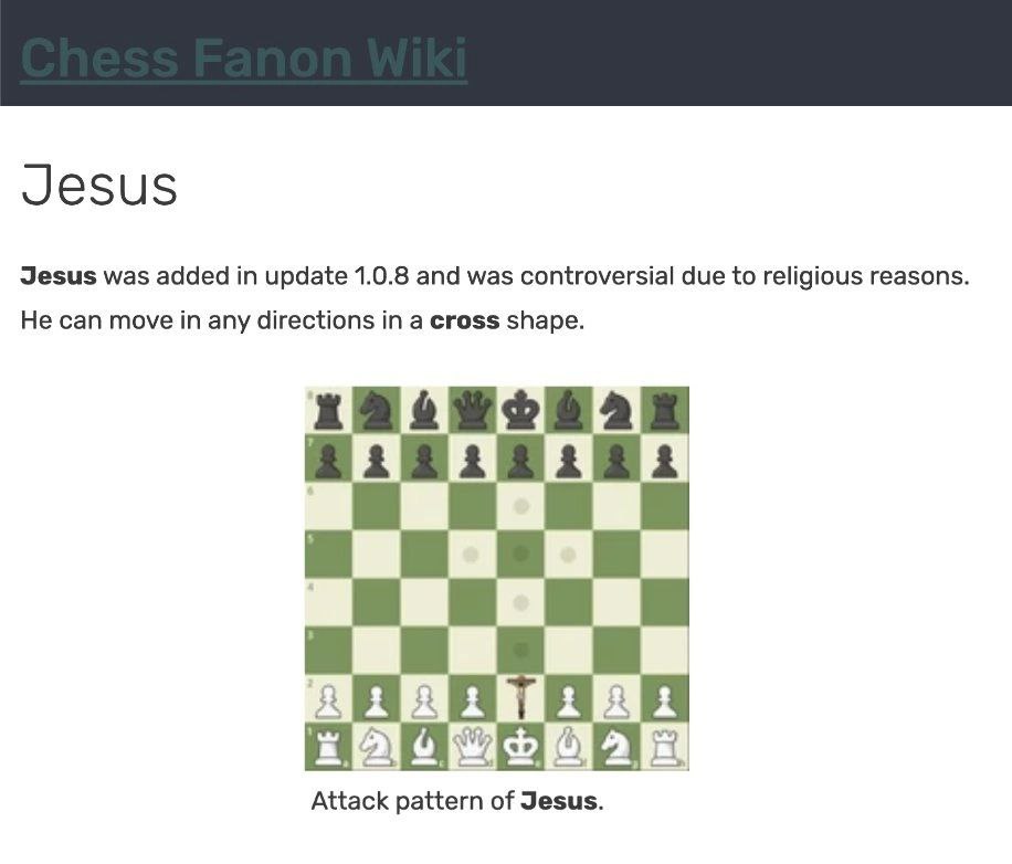 Jesus Jesus was added in update 1.0.8 and was controversial due to religious reasons. He can move in any directions in a cross shape. Attack pattern of Jesus.