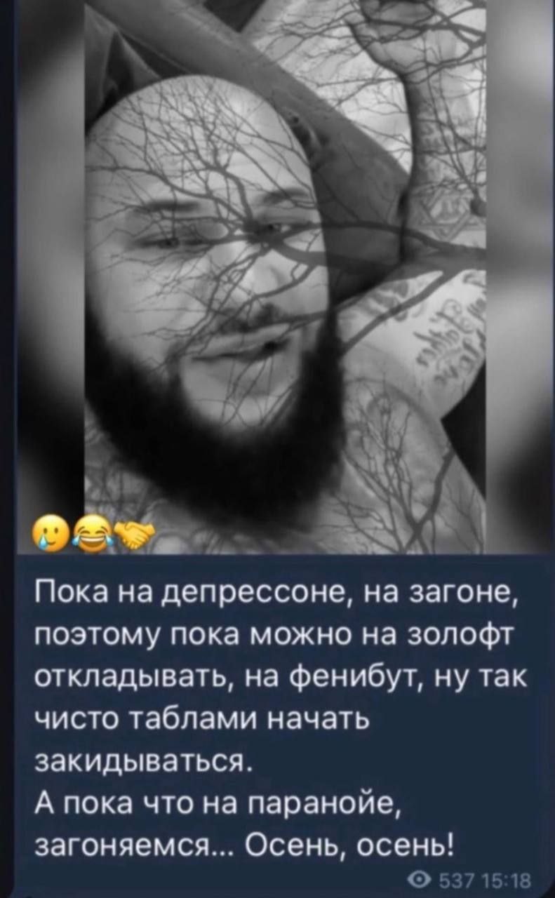4 [4 А А Пока на депрессоне, на загоне, поэтому пока можно на золофт откладывать, на фенибут, ну так чисто таблами начать закидываться. А пока что на паранойе, загоняемся... Осень, осень! 537 15:18